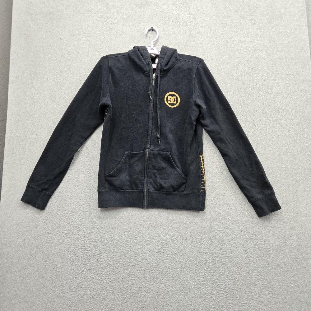 DC Shoes Men Hoodie M Black Graphic Fleece Logo Gold Metallic Cityscape Graphic